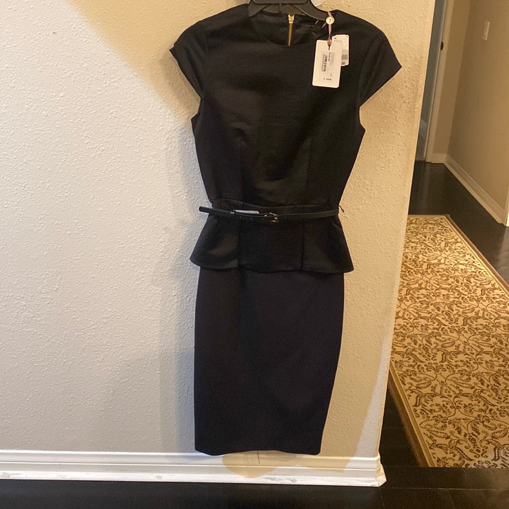 Ted Baker black satin peplum dress.
